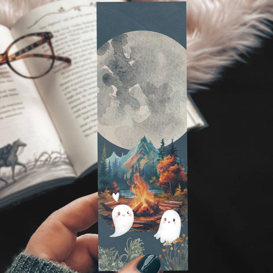 Cute Camping Ghost Couple Watercolor Cardstock Bookmark - Fall & Halloween