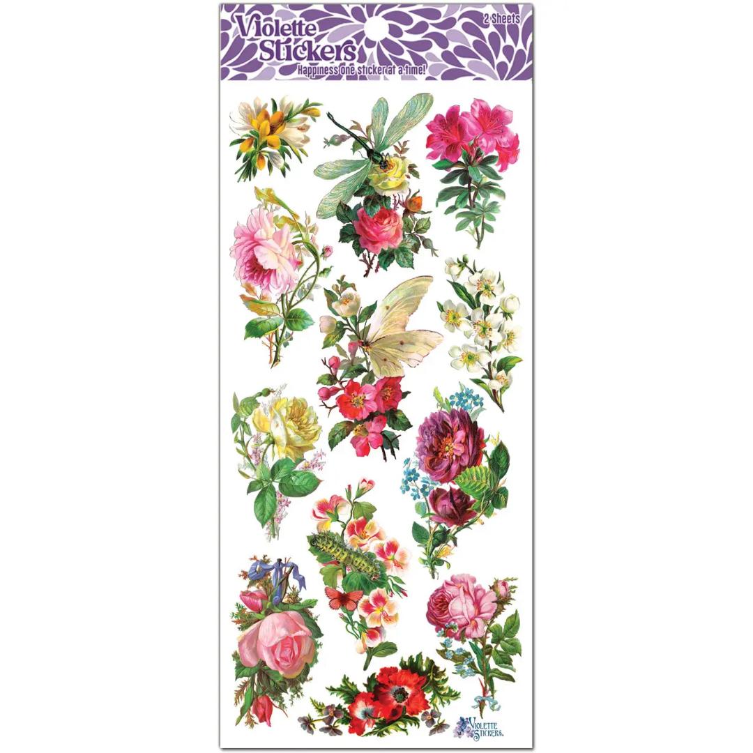 Dragonfly Roses Spring Stickers - 2 Sticker Sheets for Stationary, Scrapbooking, & More