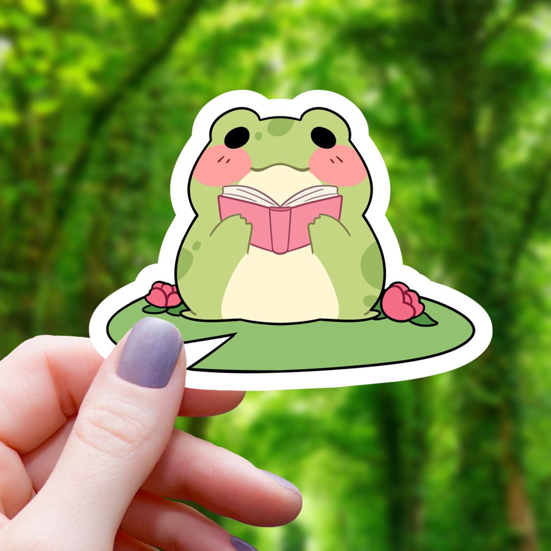 Frog Reading on Lilypad Sticker - 3" Waterproof Vinyl Decal
