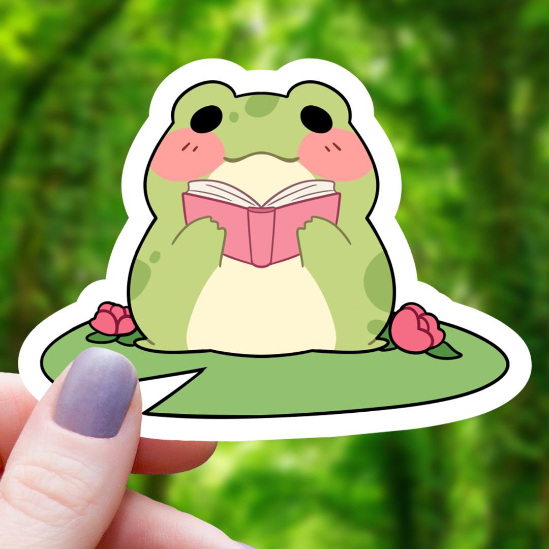 Frog Reading on Lilypad Sticker - 3" Waterproof Vinyl Decal
