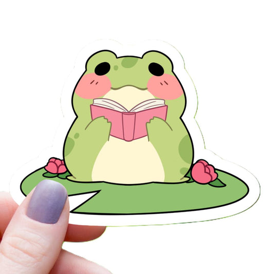 Frog Reading on Lilypad Sticker - 3" Waterproof Vinyl Decal