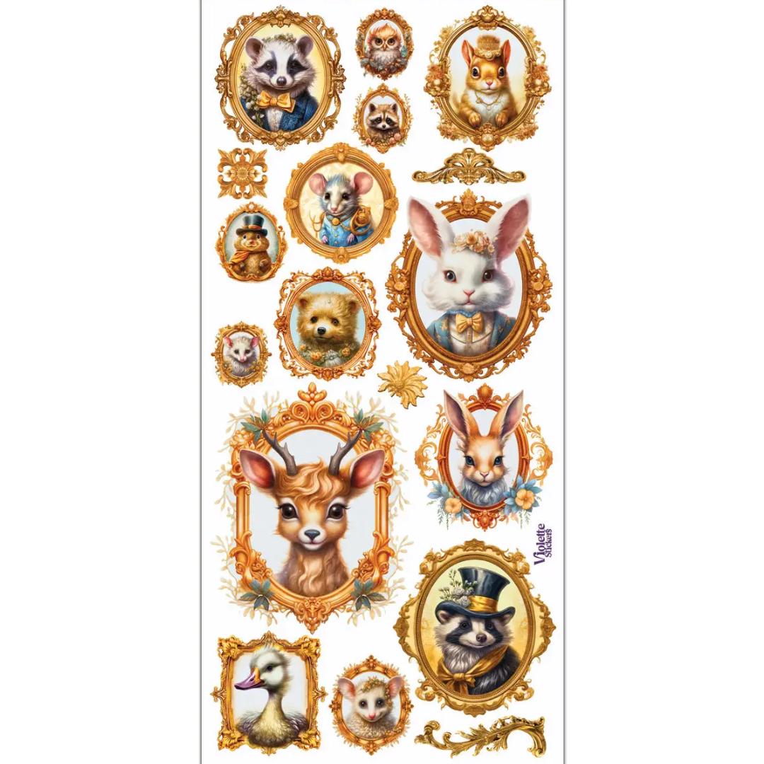 Gold Framed Woodland Critter Portrait Stickers - 2 Sticker Sheets for Stationary, Scrapbooking, & More