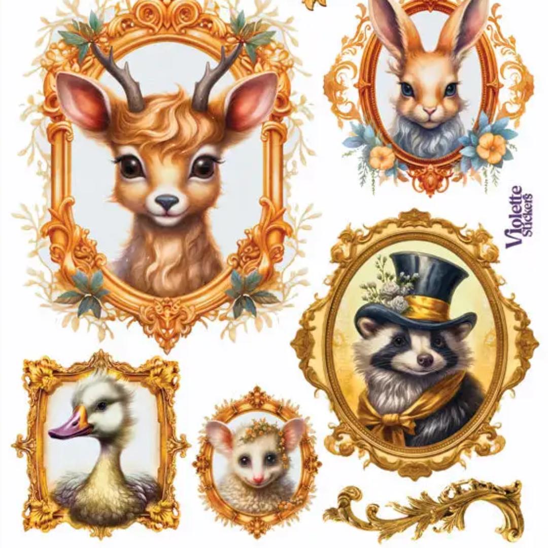 Gold Framed Woodland Critter Portrait Stickers - 2 Sticker Sheets for Stationary, Scrapbooking, & More