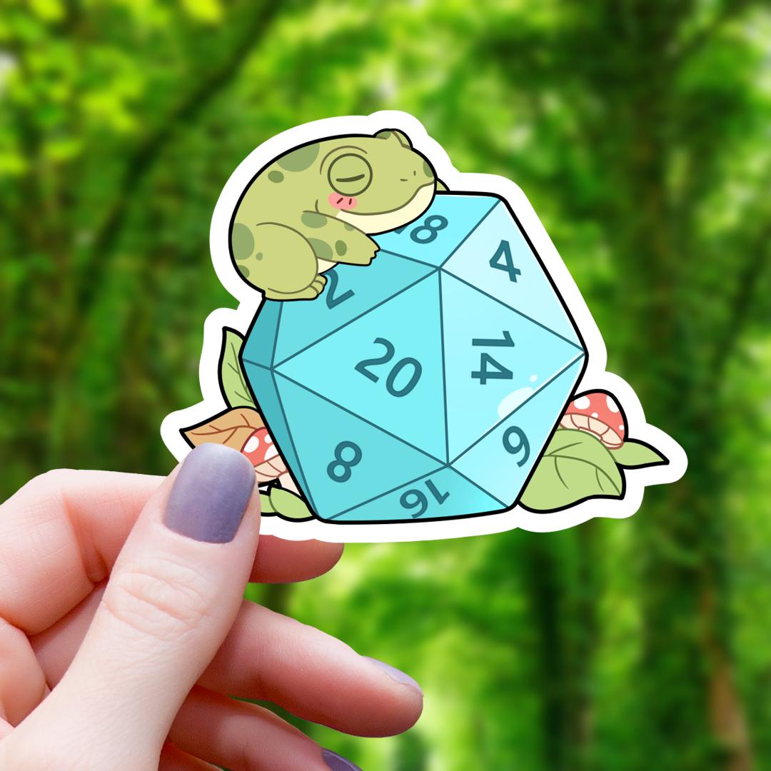 Chibi Frog Sleeping on D20 Dice RPG Sticker - 3" Waterproof Vinyl Decal