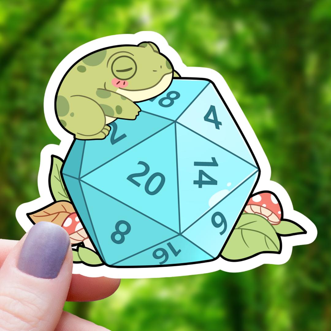 Chibi Frog Sleeping on D20 Dice RPG Sticker - 3" Waterproof Vinyl Decal