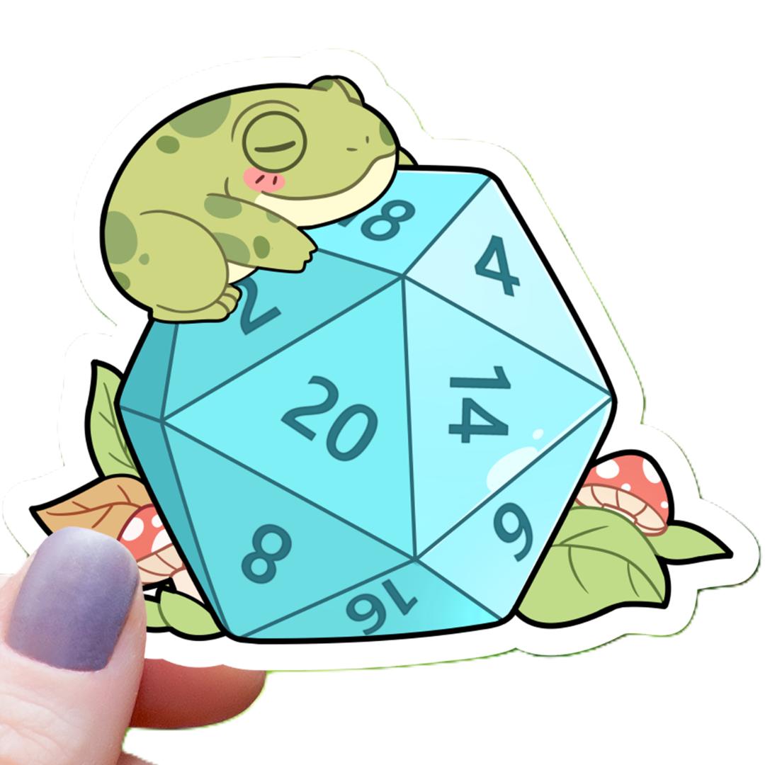 Chibi Frog Sleeping on D20 Dice RPG Sticker - 3" Waterproof Vinyl Decal