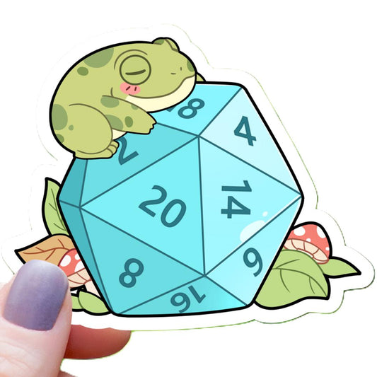 Chibi Frog Sleeping on D20 Dice RPG Sticker - 3" Waterproof Vinyl Decal