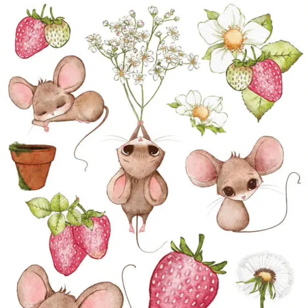 Strawberry Mice Vintage Stickers - 2 Sticker Sheets for Stationary, Scrapbooking, & More