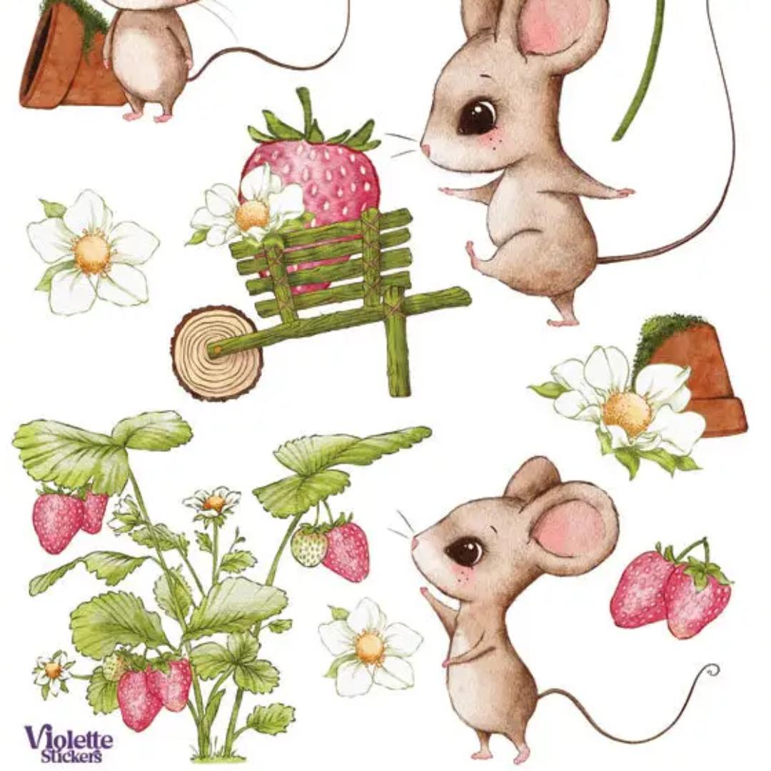 Strawberry Mice Vintage Stickers - 2 Sticker Sheets for Stationary, Scrapbooking, & More