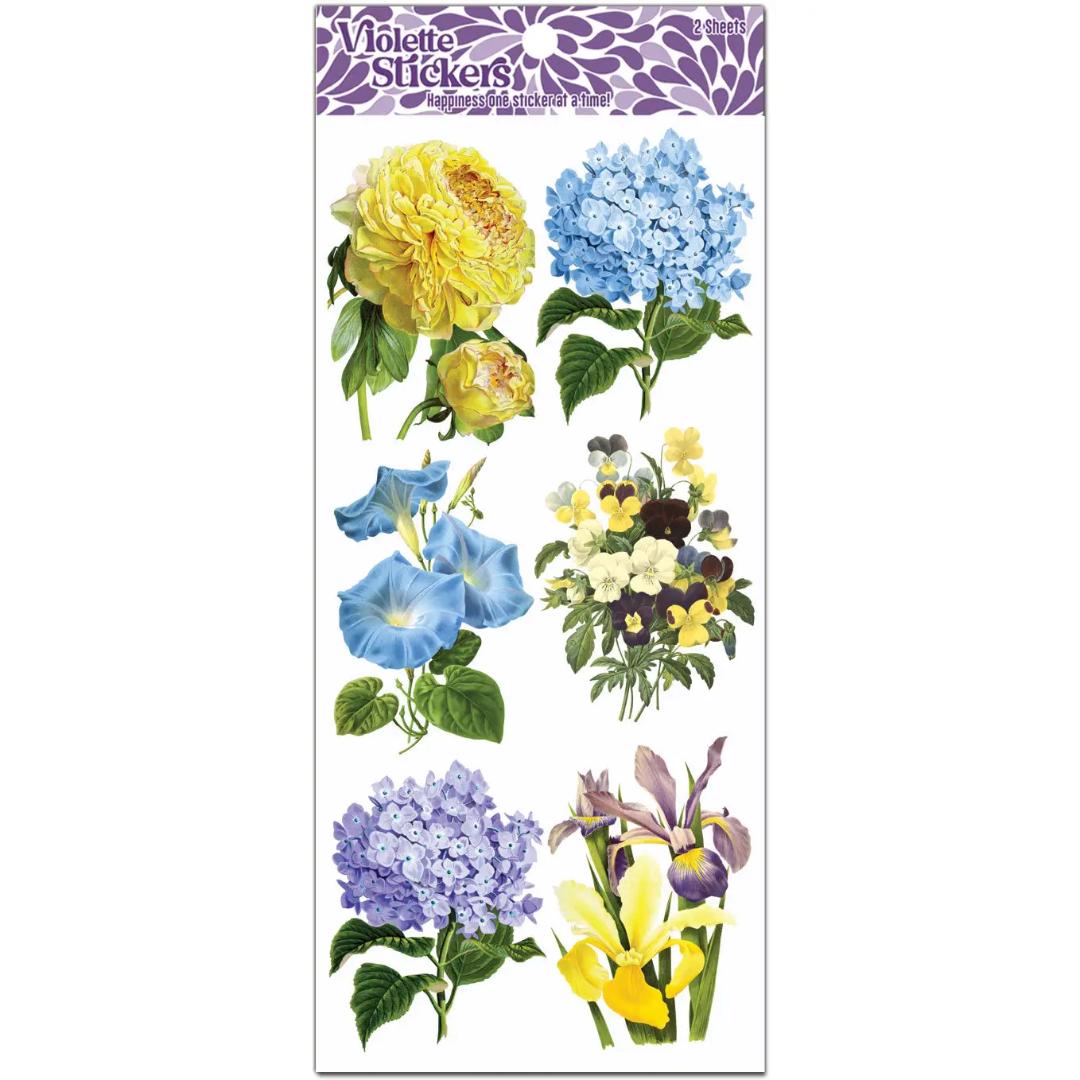 Lilac Blue and Yellow Bloom Stickers - 2 Sticker Sheets for Stationary, Scrapbooking, & More