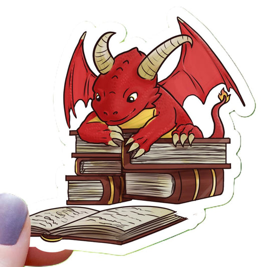 Book Reading Red Dragon Fantasy Sticker - 3" Waterproof Vinyl Decal