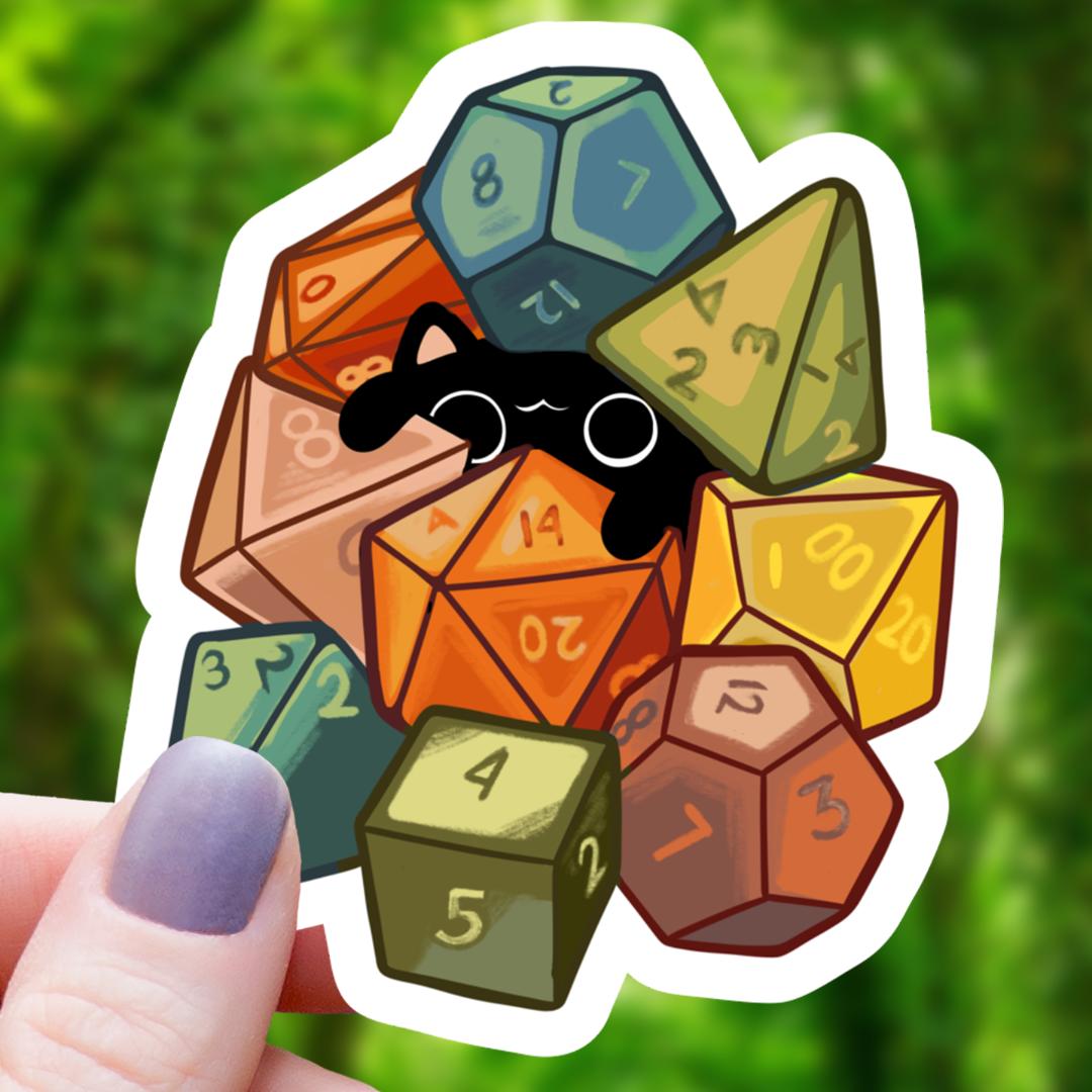 Cat Amongst Polyhedral Dice RPG Sticker - 3" Waterproof Vinyl Decal