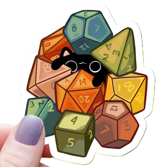 Cat Amongst Polyhedral Dice RPG Sticker - 3" Waterproof Vinyl Decal