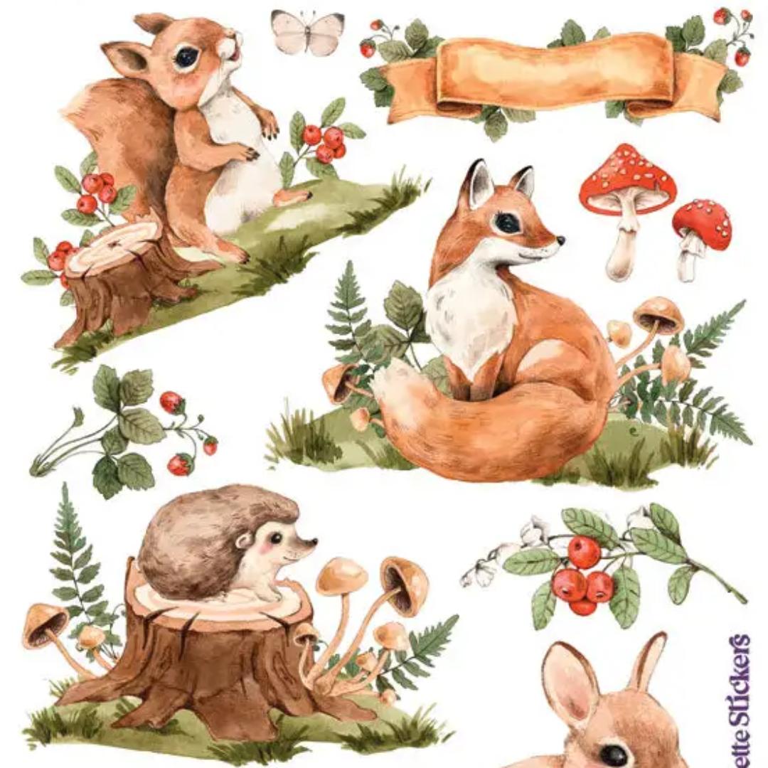 Mushroom Woodland Critter Stickers - 2 Sticker Sheets for Stationary, Scrapbooking, & More
