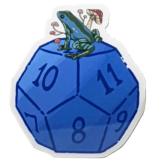 Mushroom Frog Sitting atop a D12 Polyhedral Dice Sticker - 3" Waterproof Vinyl Decal