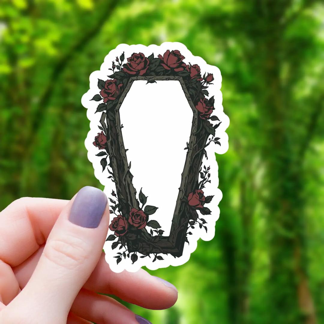 Floral Coffin Dark Roses Sticker - Waterproof Vinyl