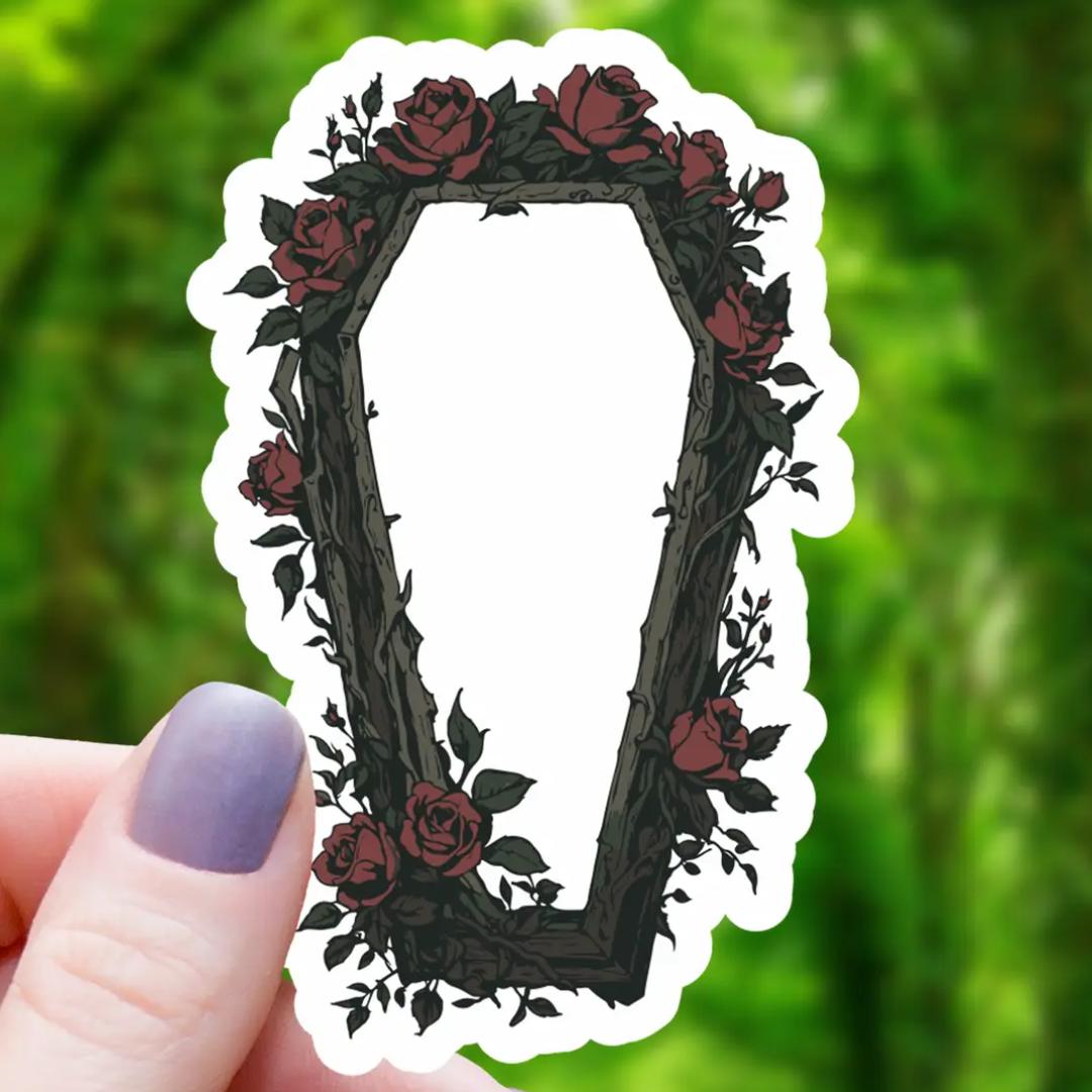 Floral Coffin Dark Roses Sticker - Waterproof Vinyl