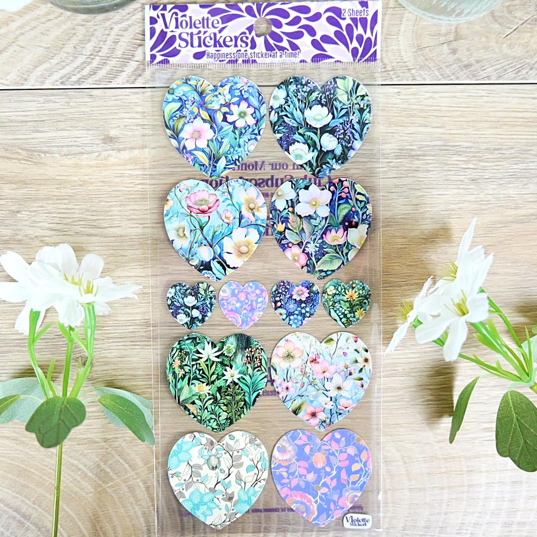 Floral Meadow Heart Stickers - 2 Sticker Sheets for Stationary, Scrapbooking, & More