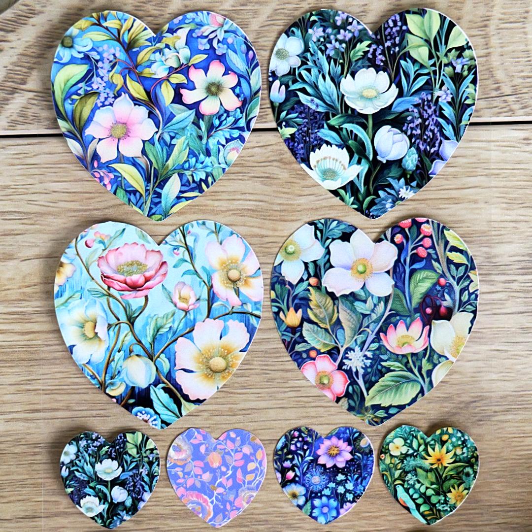 Floral Meadow Heart Stickers - 2 Sticker Sheets for Stationary, Scrapbooking, & More