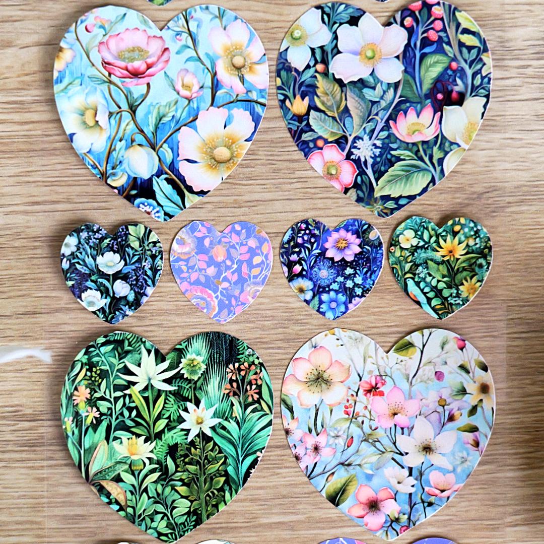 Floral Meadow Heart Stickers - 2 Sticker Sheets for Stationary, Scrapbooking, & More