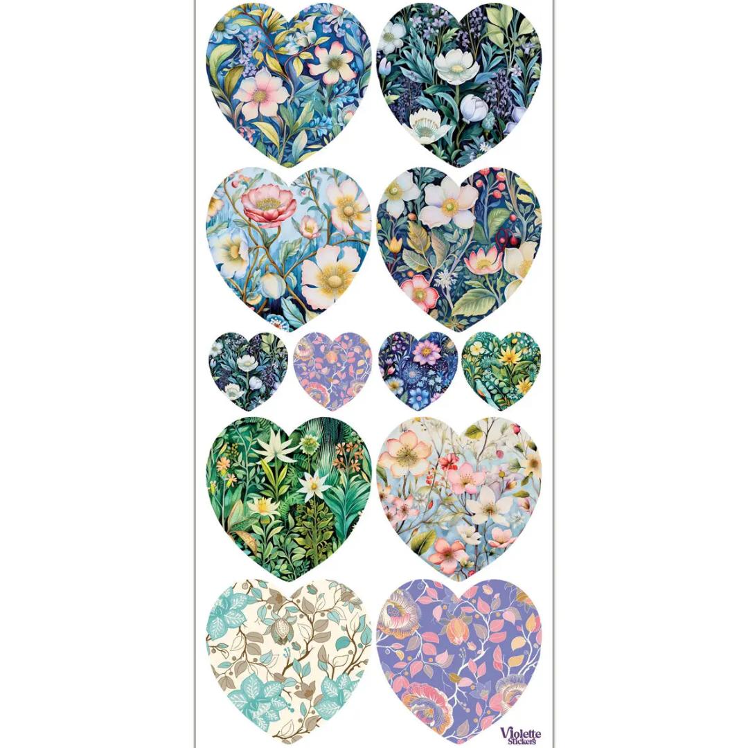 Floral Meadow Heart Stickers - 2 Sticker Sheets for Stationary, Scrapbooking, & More