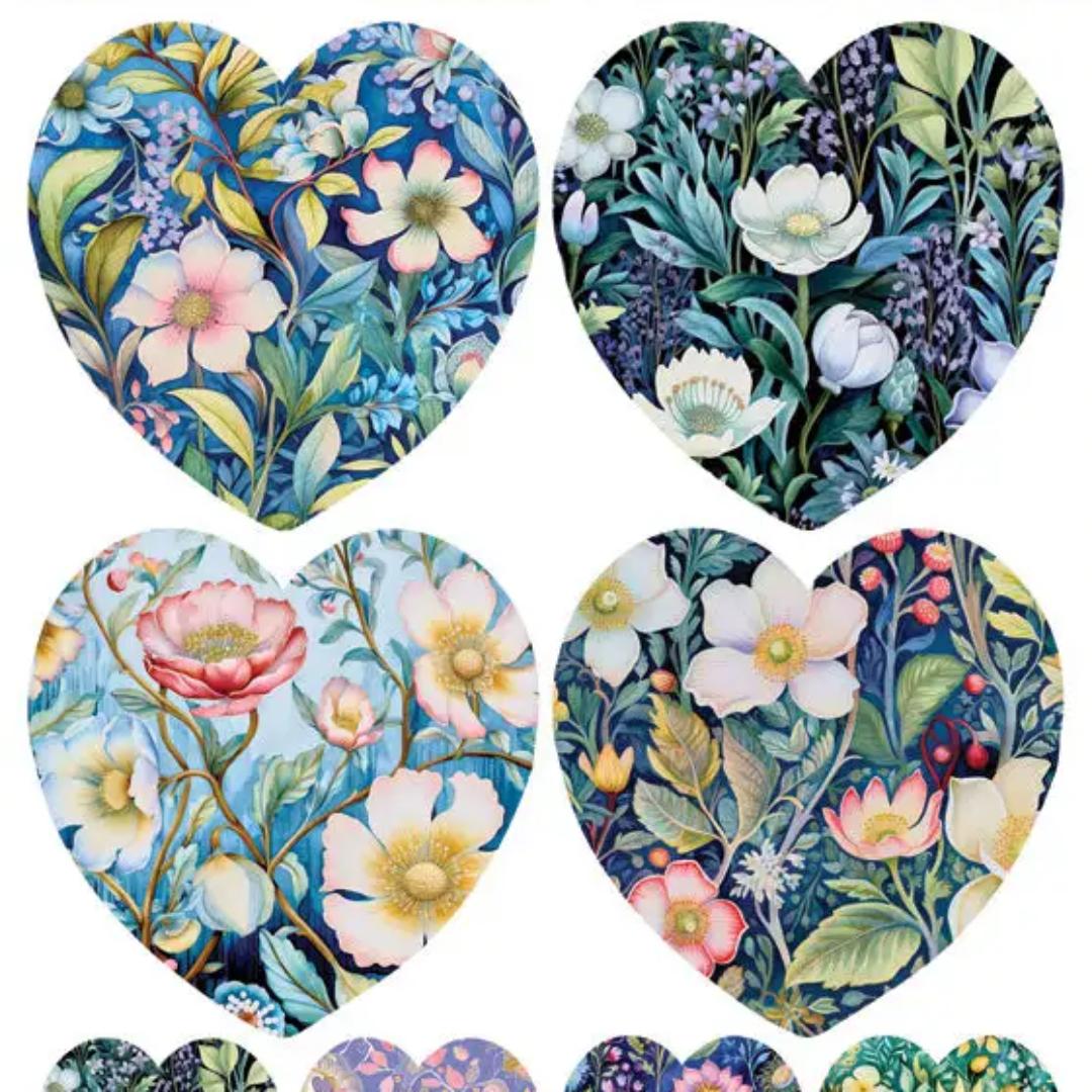 Floral Meadow Heart Stickers - 2 Sticker Sheets for Stationary, Scrapbooking, & More