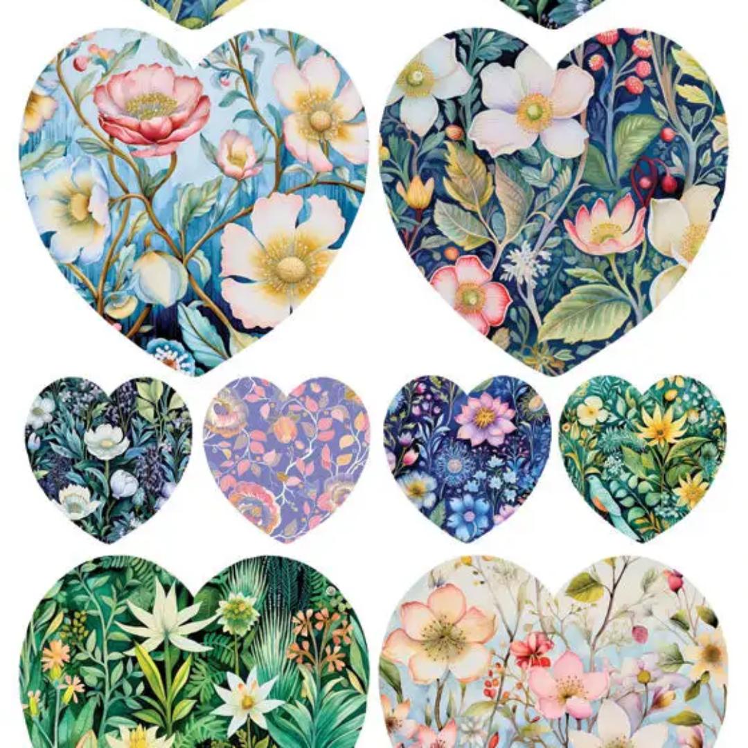 Floral Meadow Heart Stickers - 2 Sticker Sheets for Stationary, Scrapbooking, & More