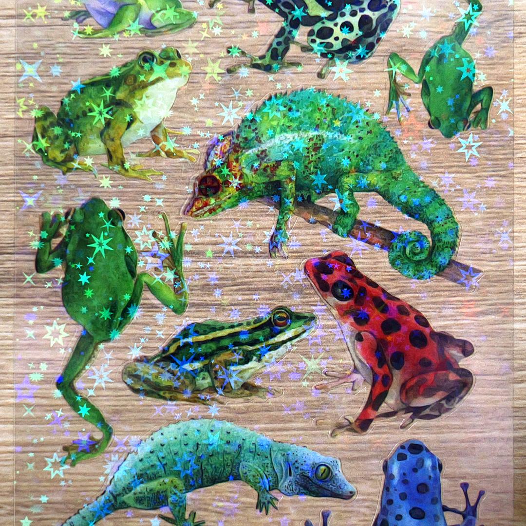 Crystal Frogs and Lizard Stickers - 2 Sticker Sheets for Stationary, Scrapbooking, & More