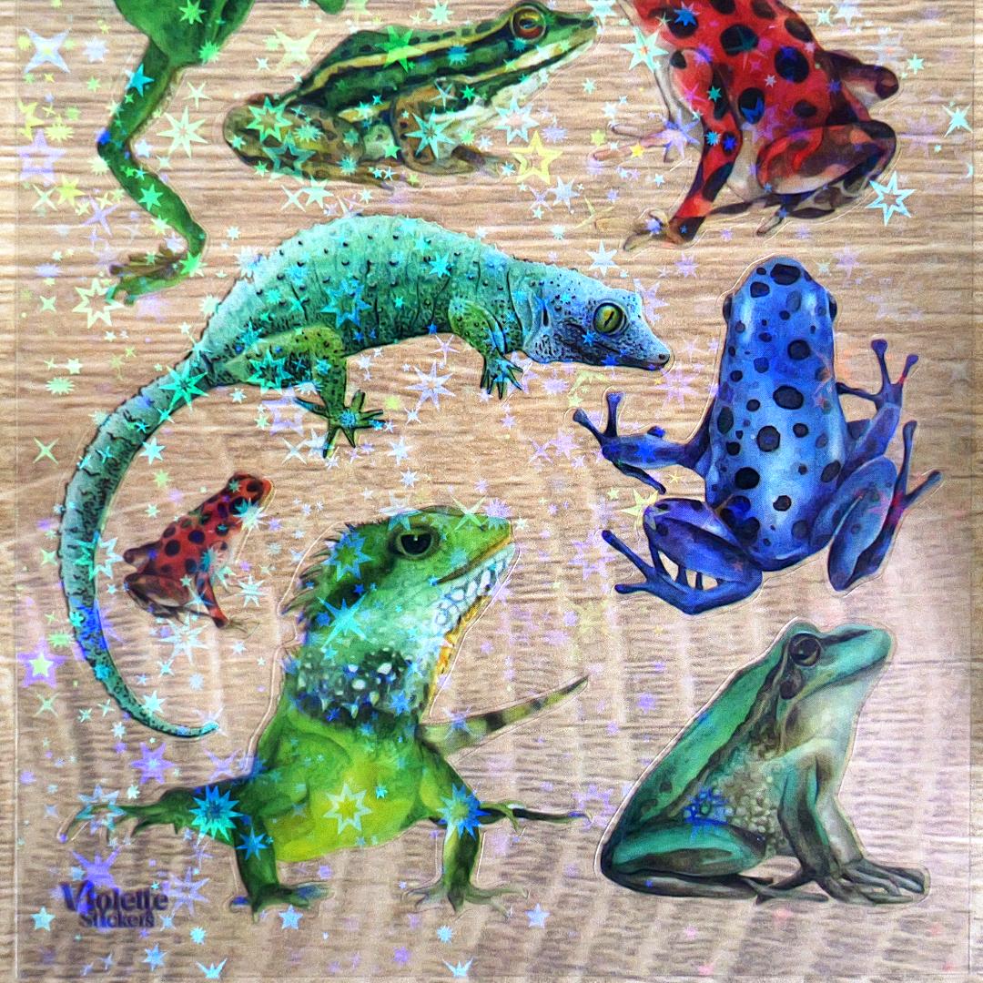 Crystal Frogs and Lizard Stickers - 2 Sticker Sheets for Stationary, Scrapbooking, & More