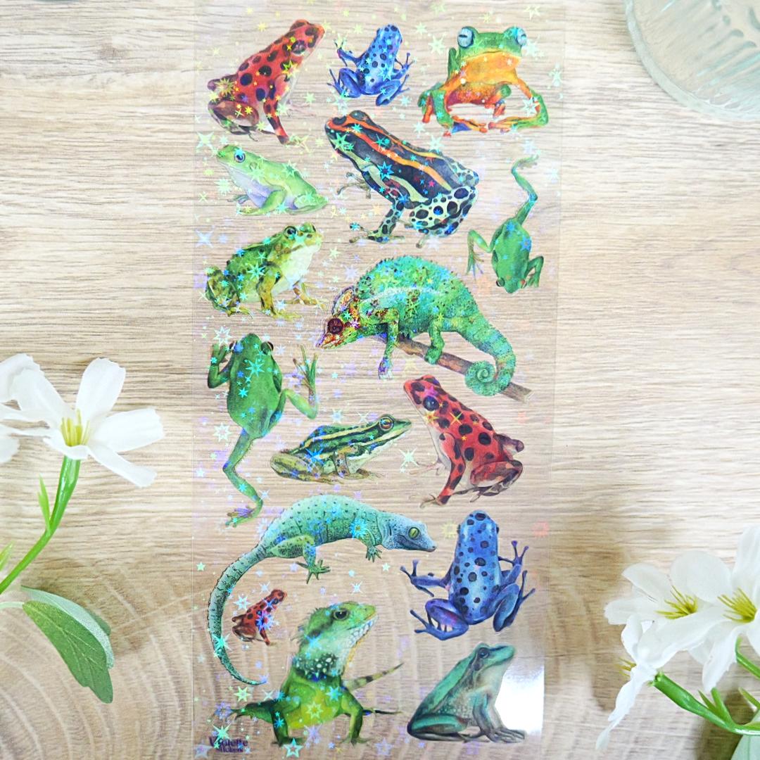 Crystal Frogs and Lizard Stickers - 2 Sticker Sheets for Stationary, Scrapbooking, & More