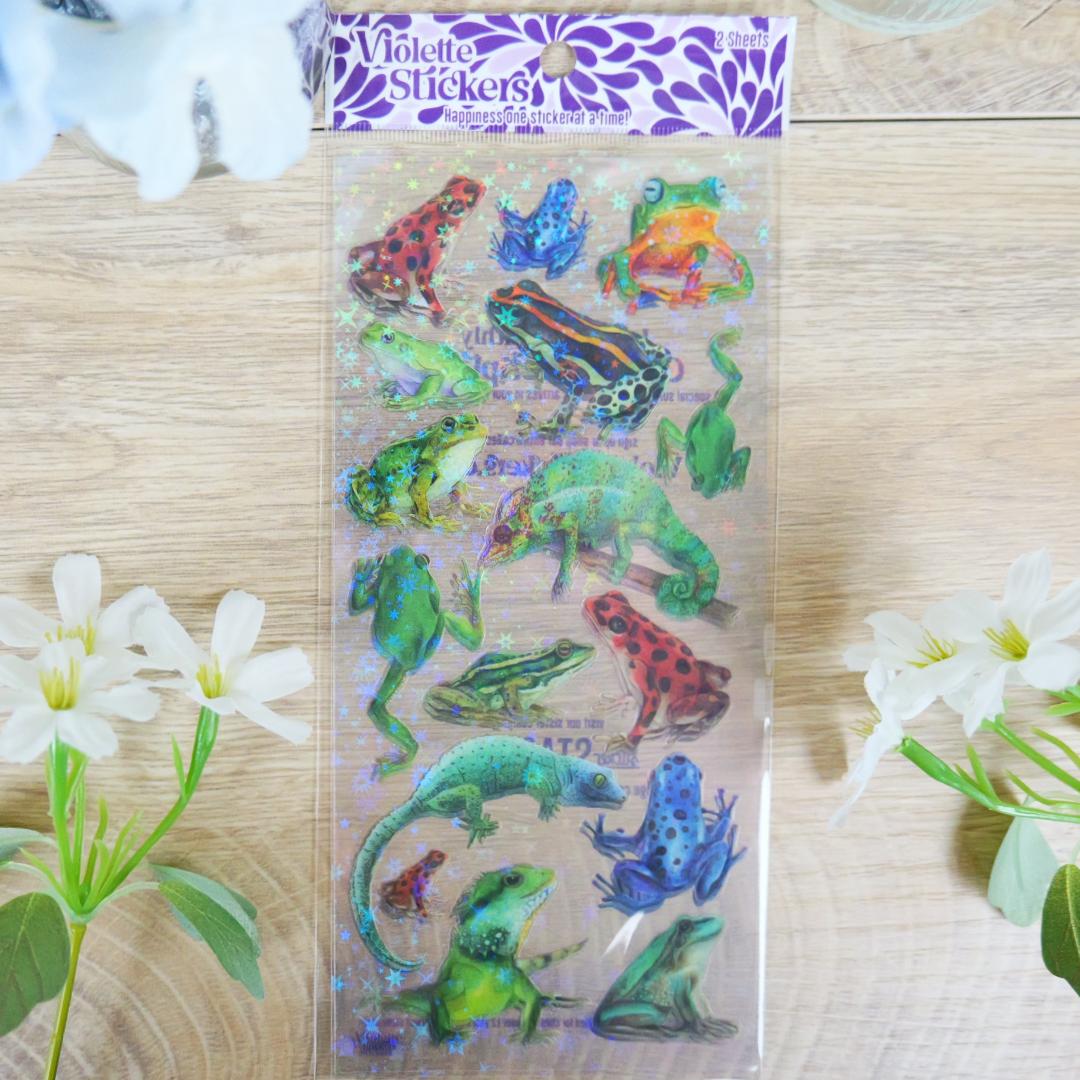 Crystal Frogs and Lizard Stickers - 2 Sticker Sheets for Stationary, Scrapbooking, & More