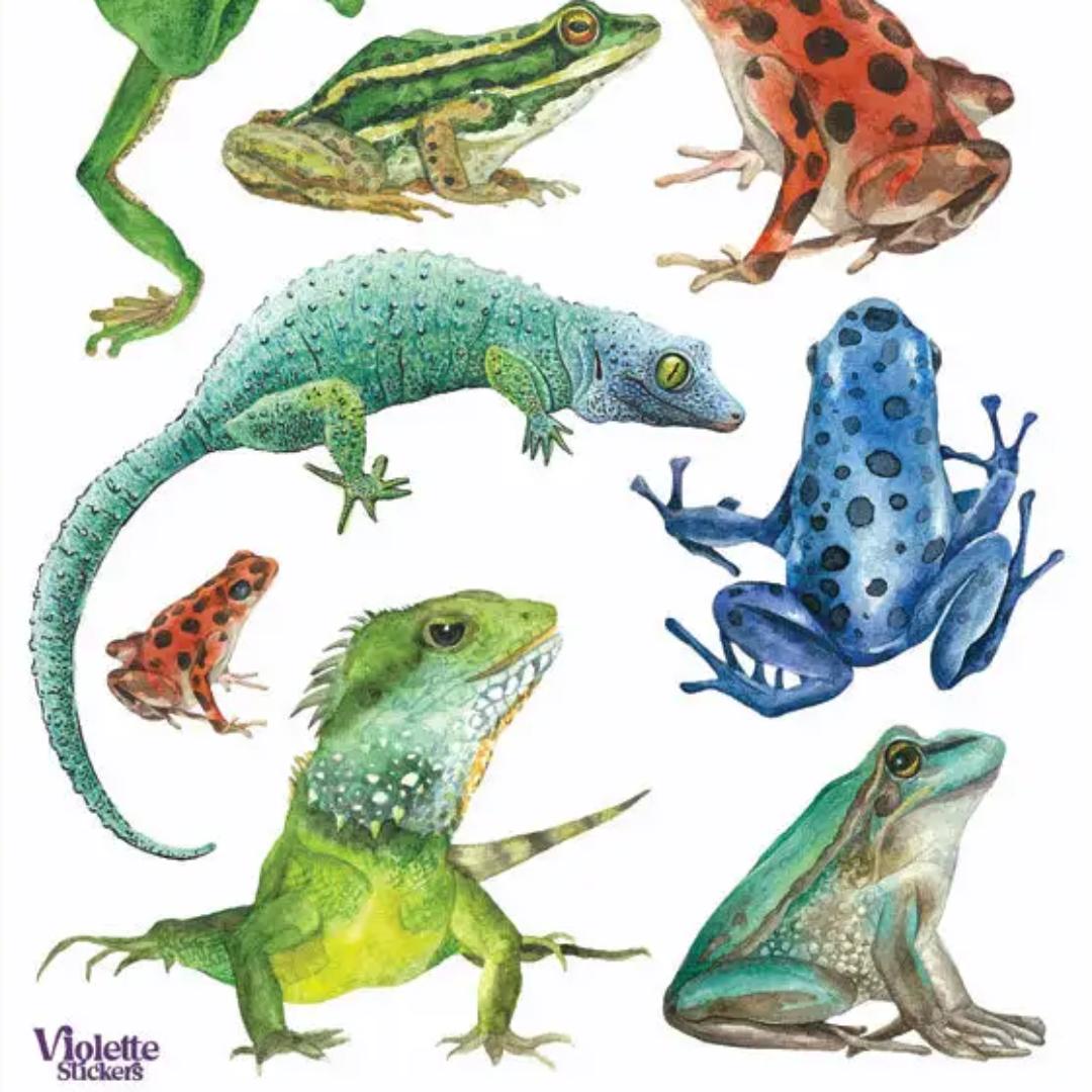Crystal Frogs and Lizard Stickers - 2 Sticker Sheets for Stationary, Scrapbooking, & More