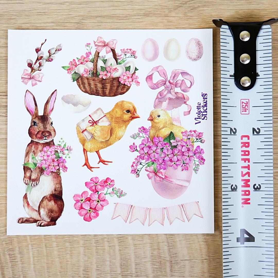 Pink Easter Stickers - Rabbits - Chicks - 2 Sticker Sheets - Stationary - Scrapbook