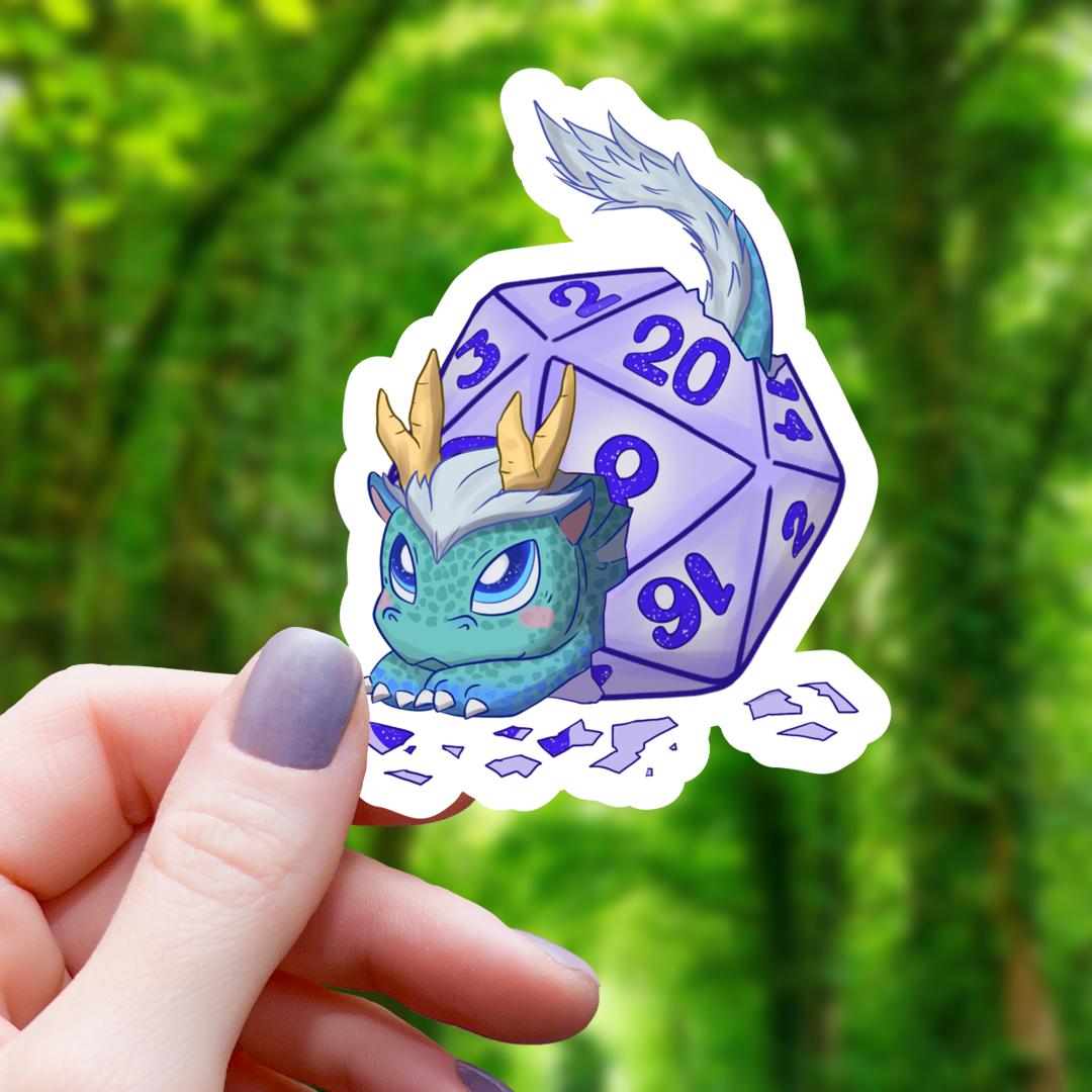 Baby Blue Dragon with D20 Dice Sticker - 3" Waterproof Vinyl Decal