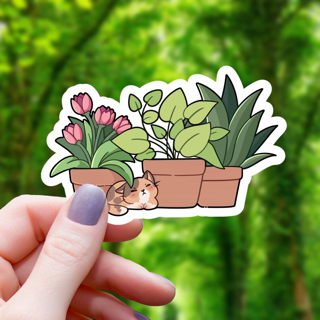 Brown Cat Among Houseplants Sticker - 3" Waterproof Vinyl Decal