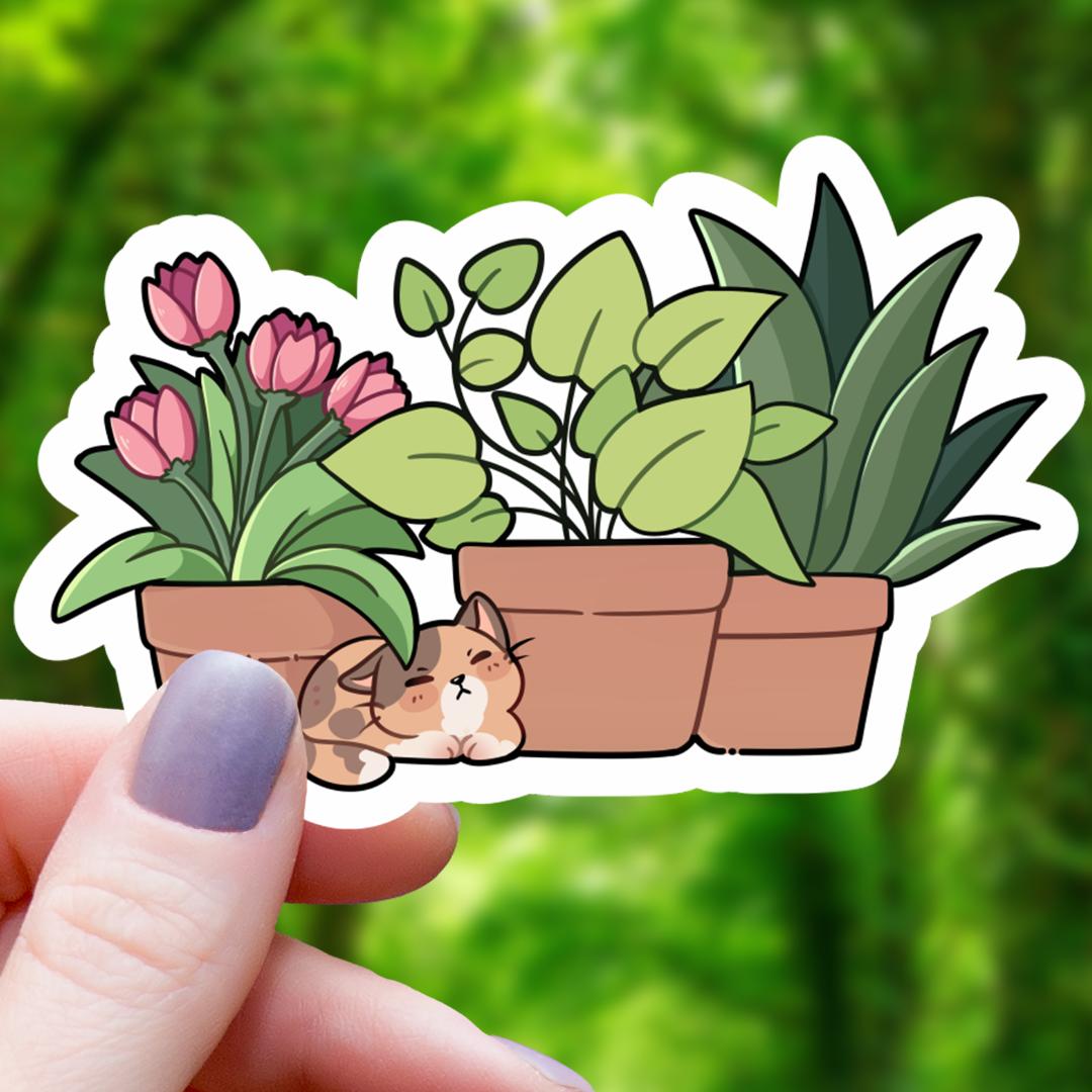 Brown Cat Among Houseplants Sticker - 3" Waterproof Vinyl Decal