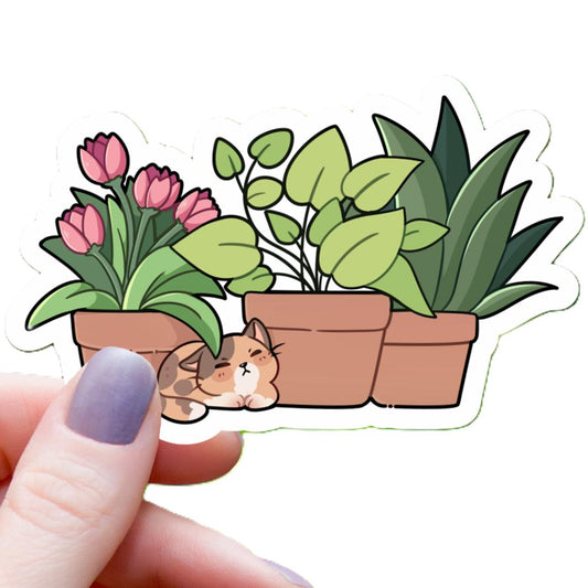 Brown Cat Among Houseplants Sticker - 3" Waterproof Vinyl Decal