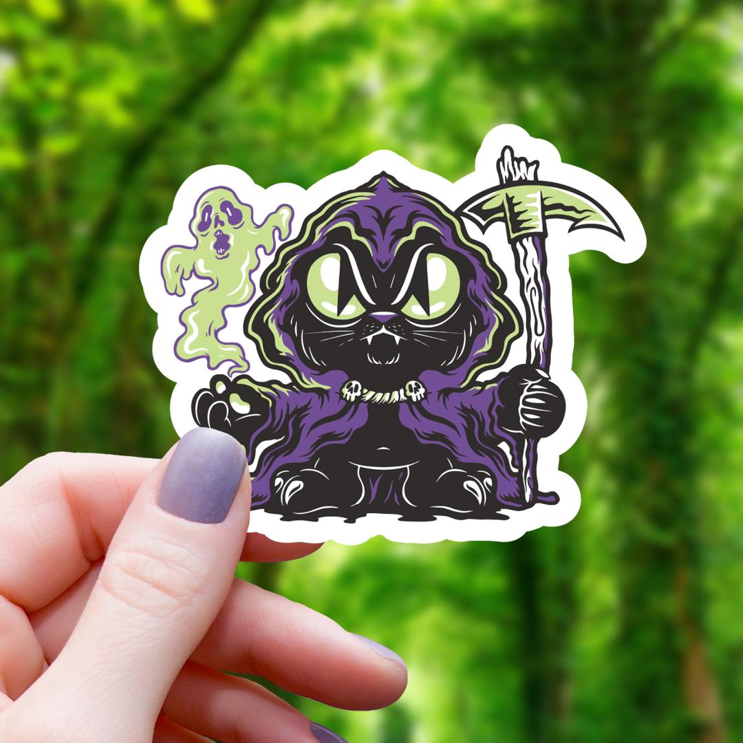 Grim Reaper Black Cat Sticker - Halloween - 3" Waterproof Vinyl Sticker
