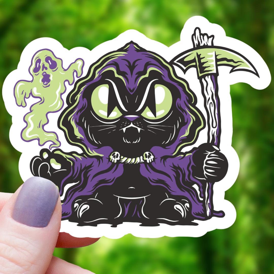 Grim Reaper Black Cat Sticker - Halloween - 3" Waterproof Vinyl Sticker