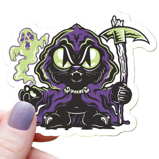 Grim Reaper Black Cat Sticker - Halloween - 3" Waterproof Vinyl Sticker