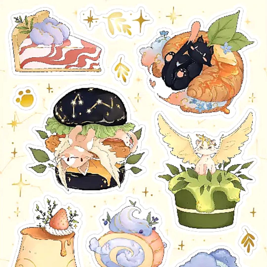 Celestial Cat Cafe Stickers - 1 Sticker Sheet for Scrapbooking, Stationary, & More