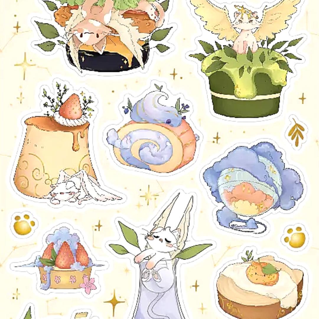 Celestial Cat Cafe Stickers - 1 Sticker Sheet for Scrapbooking, Stationary, & More