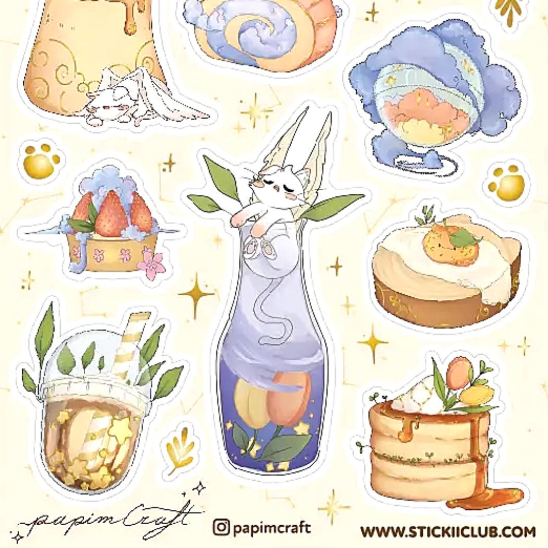 Celestial Cat Cafe Stickers - 1 Sticker Sheet for Scrapbooking, Stationary, & More
