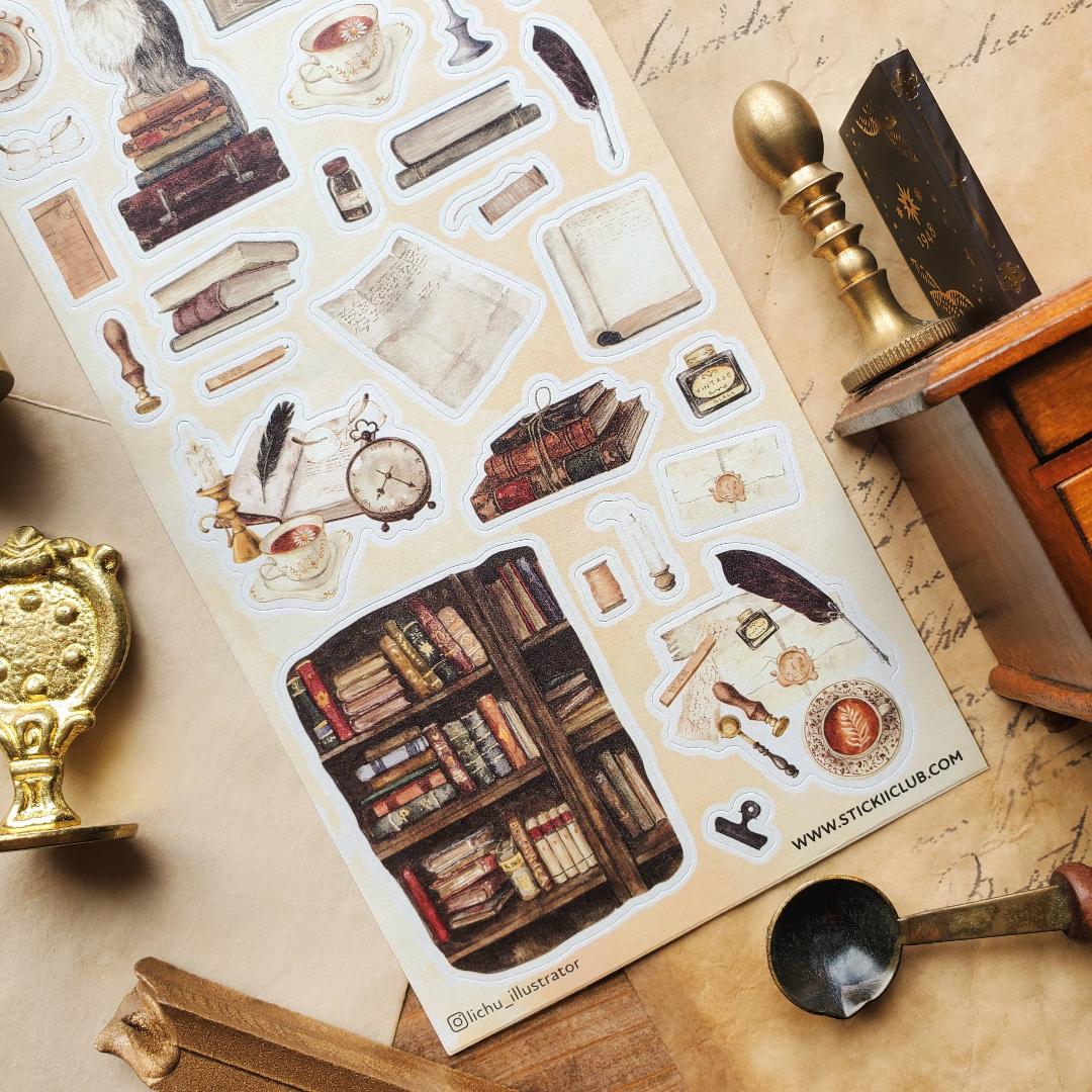 Bookish Haven Stickers - Vintage Library, Books, & Office Sticker Sheet