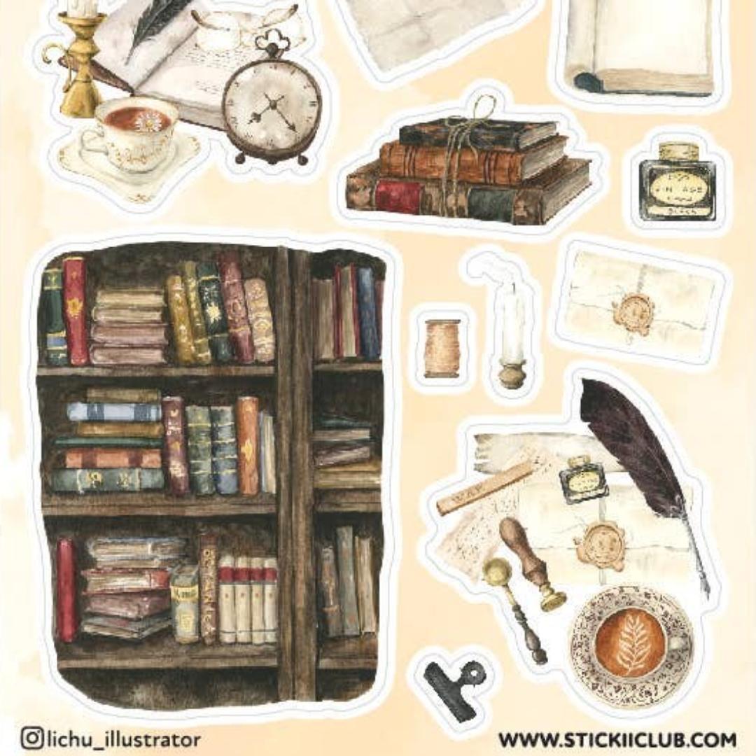 Bookish Haven Stickers - Vintage Library, Books, & Office Sticker Sheet