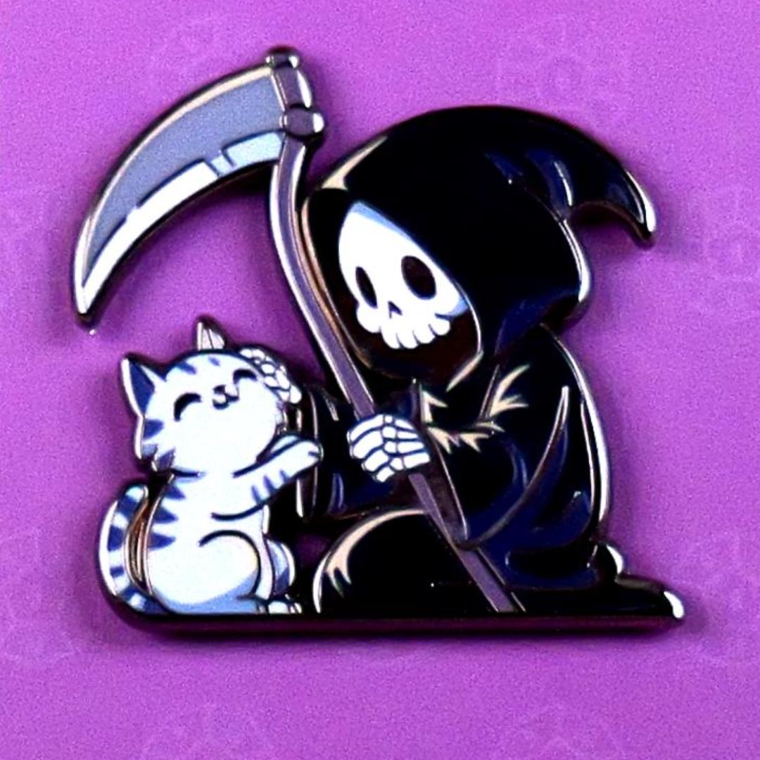 Grim Reaper Petting Cat Hard Enamel Pin - Gothic & Halloween