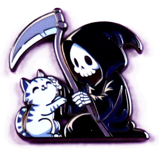 Grim Reaper Petting Cat Hard Enamel Pin - Gothic & Halloween