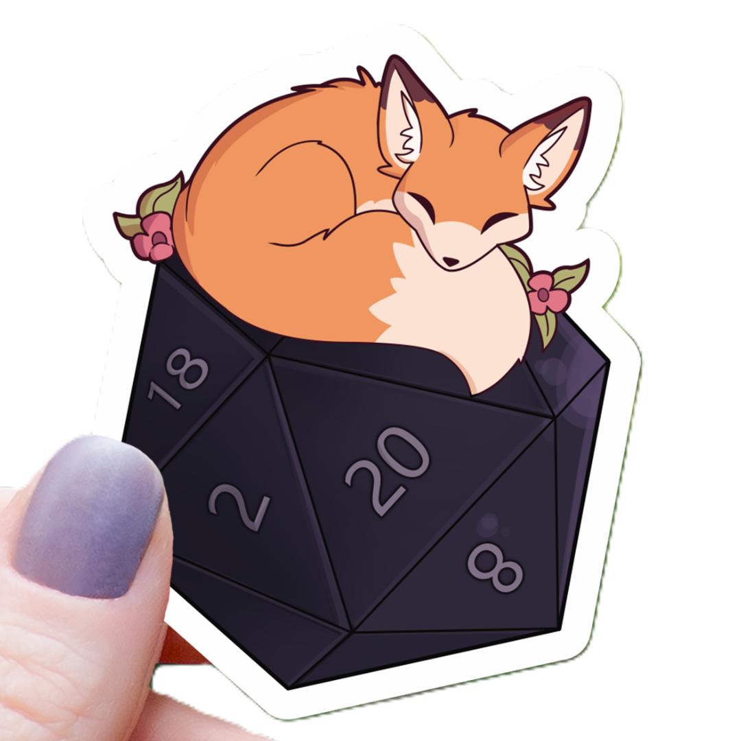 Floral Fox Sleeping on a D20 Dice Sticker - 3" Waterproof Vinyl Decal
