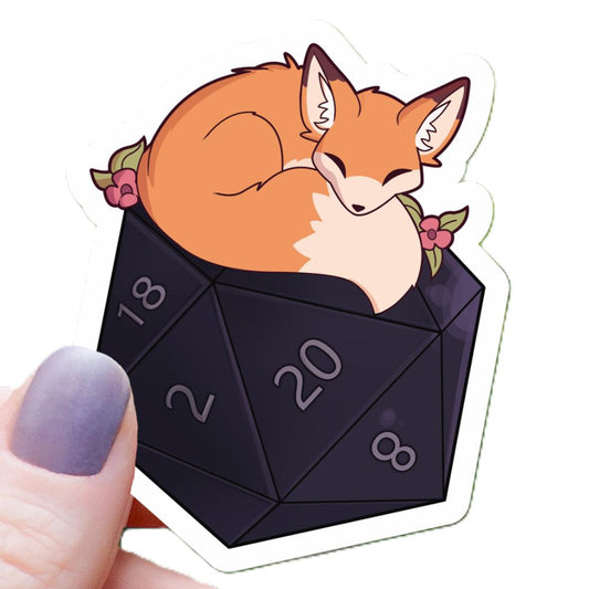 Floral Fox Sleeping on a D20 Dice Sticker - 3" Waterproof Vinyl Decal