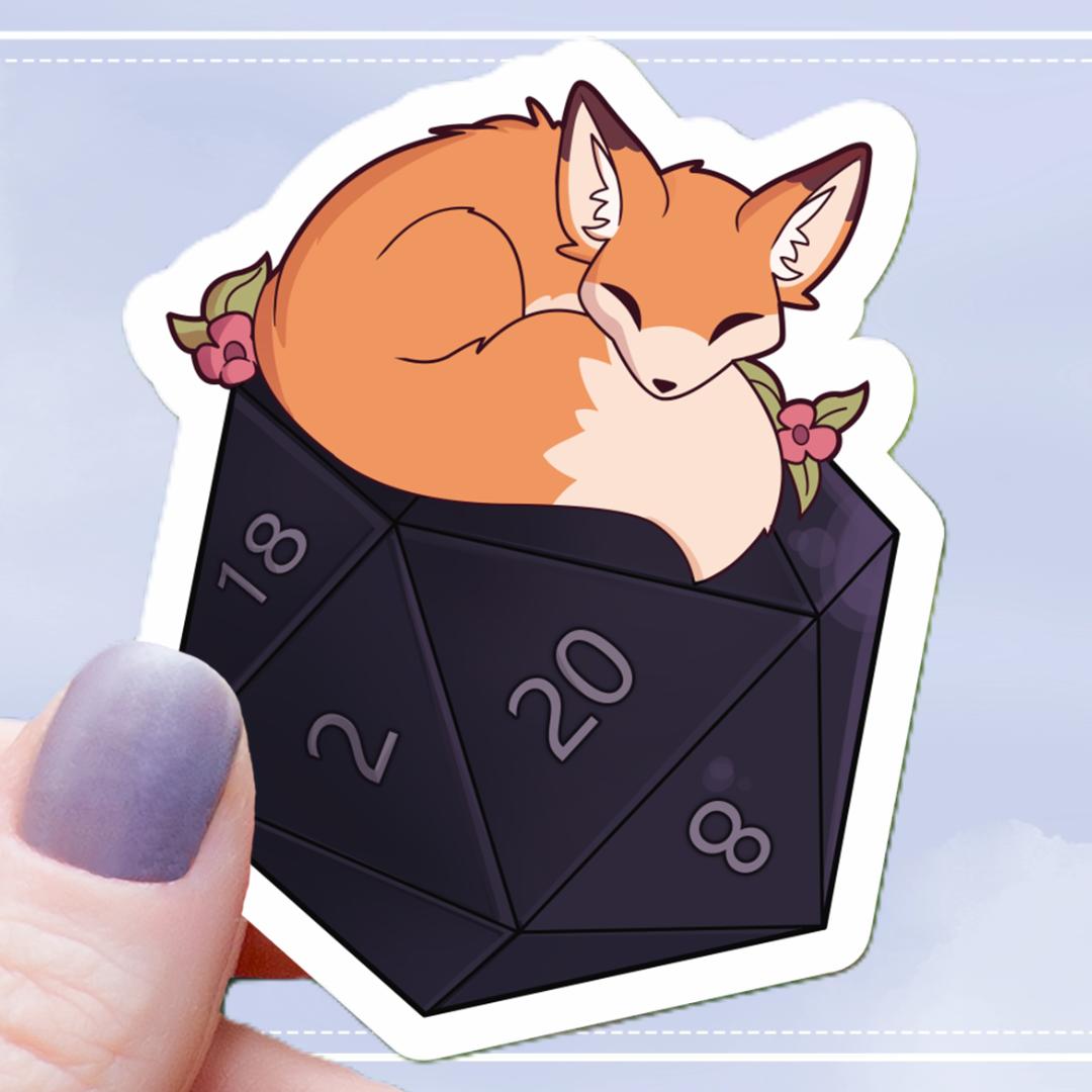 Floral Fox Sleeping on a D20 Dice Sticker - 3" Waterproof Vinyl Decal